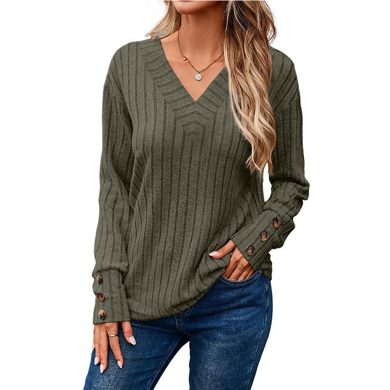 Women Elegant V-neck Knit Top with Button Details Ivyshape