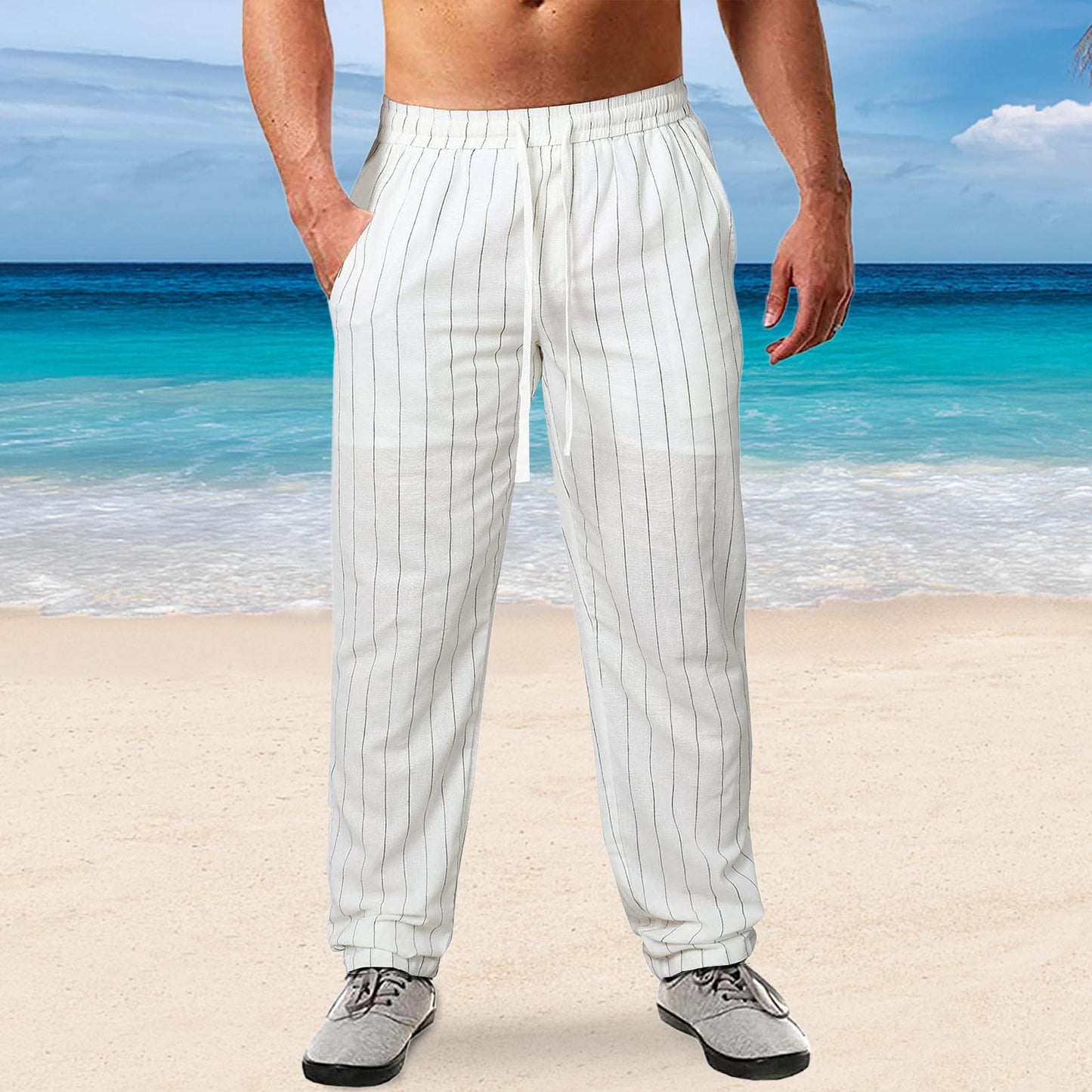 Men's casual striped pants made of cotton blend with elastic waistband and practical side pockets Ivyshape