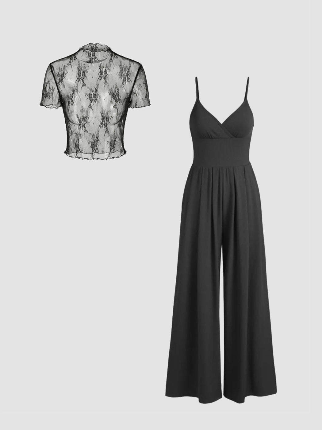 Women elegant V-neck jumpsuit with transparent blouse Ivyshape