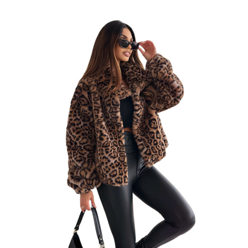 Women Faux Fur Leopard Print Jacket Ivyshape