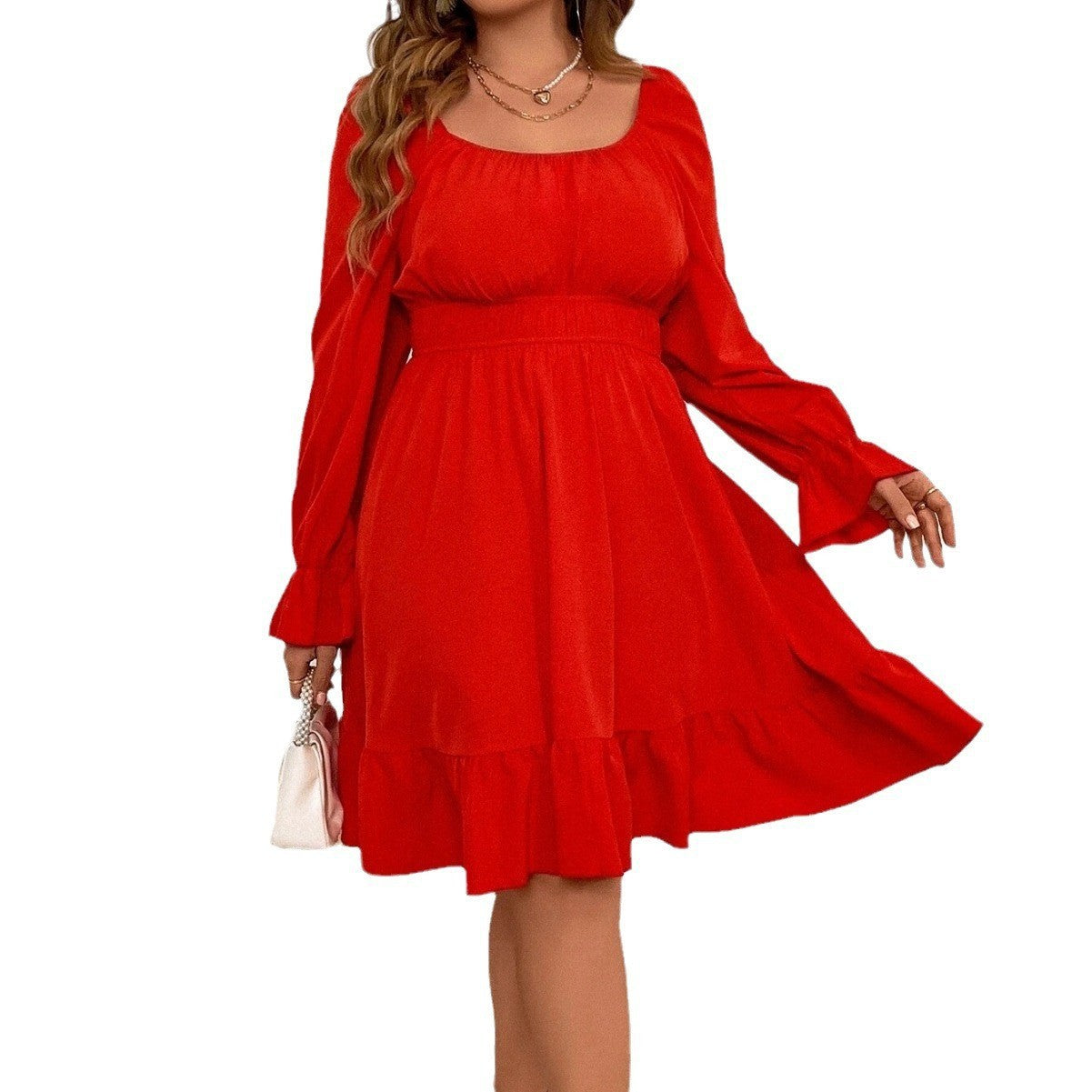 Ladies casual dress with voluminous sleeves and fresh hem Ivyshape