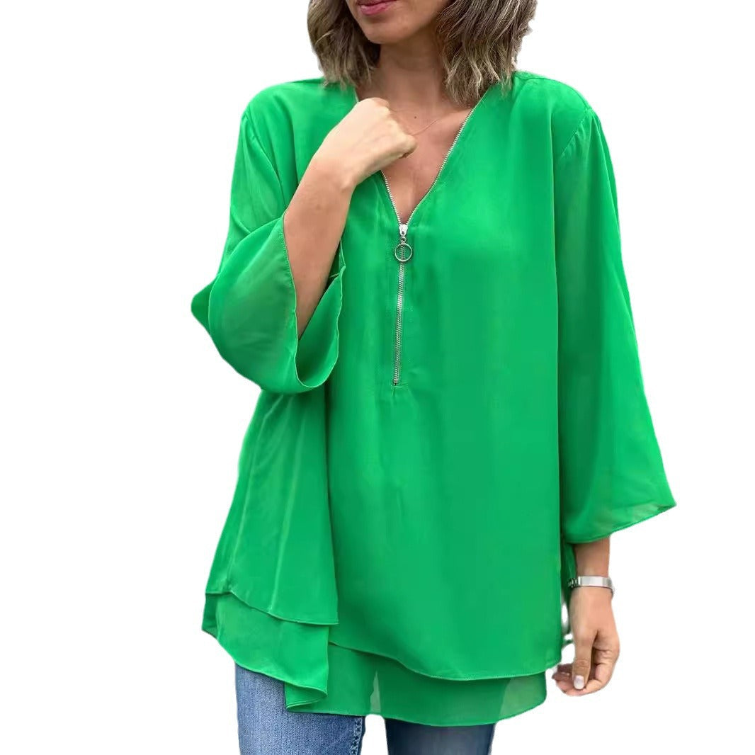 Ivyshape | Chiffon Top With Metal Zipper