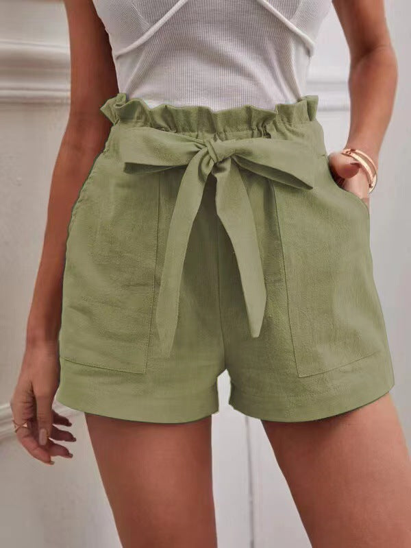 Women's elegant linen shorts with tie belt and wide waistband Ivyshape