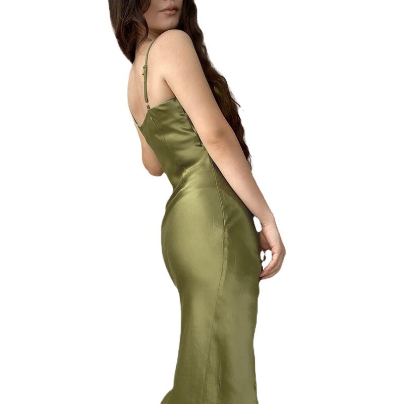 Women's elegant satin dress with asymmetric slit and draped details Ivyshape
