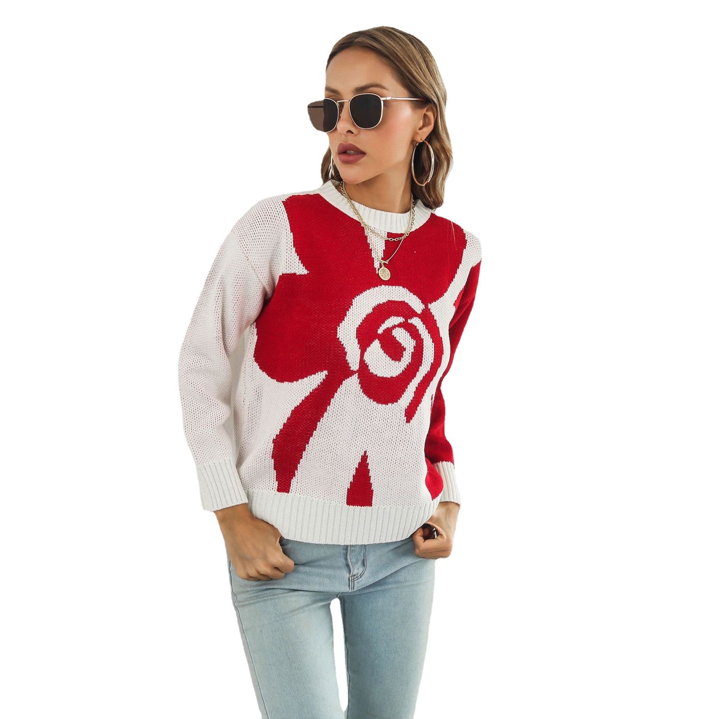 Ladies Fashionable Knit Sweater with Floral Pattern and Casual Cut Ivyshape