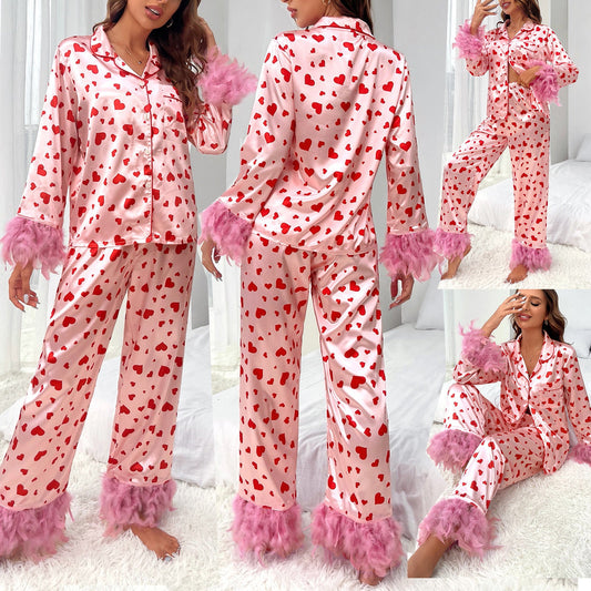 Ivyshape | Heart Print Long Pants Home Suit