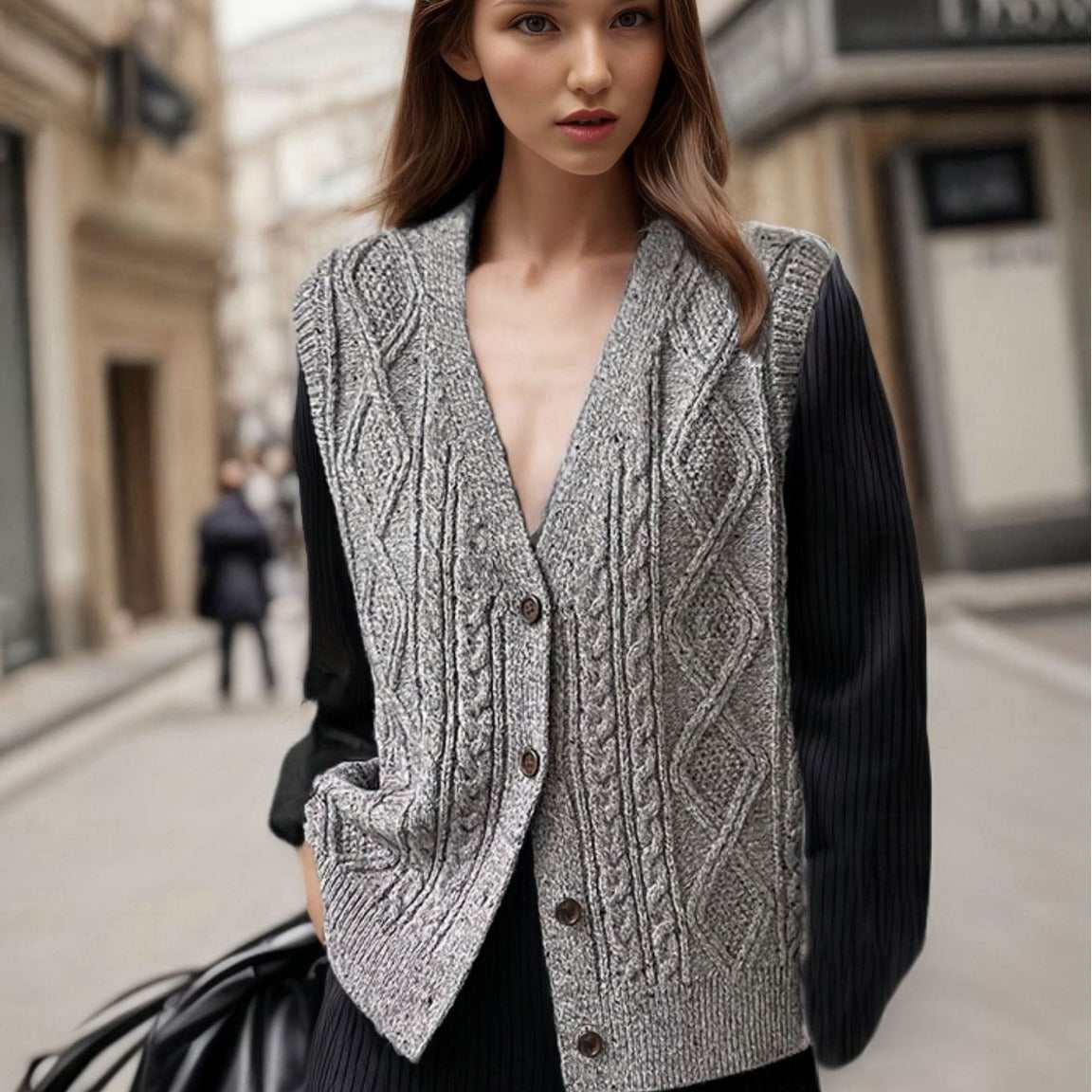 Women's knitted vest with intricate cable pattern and button details Ivyshape
