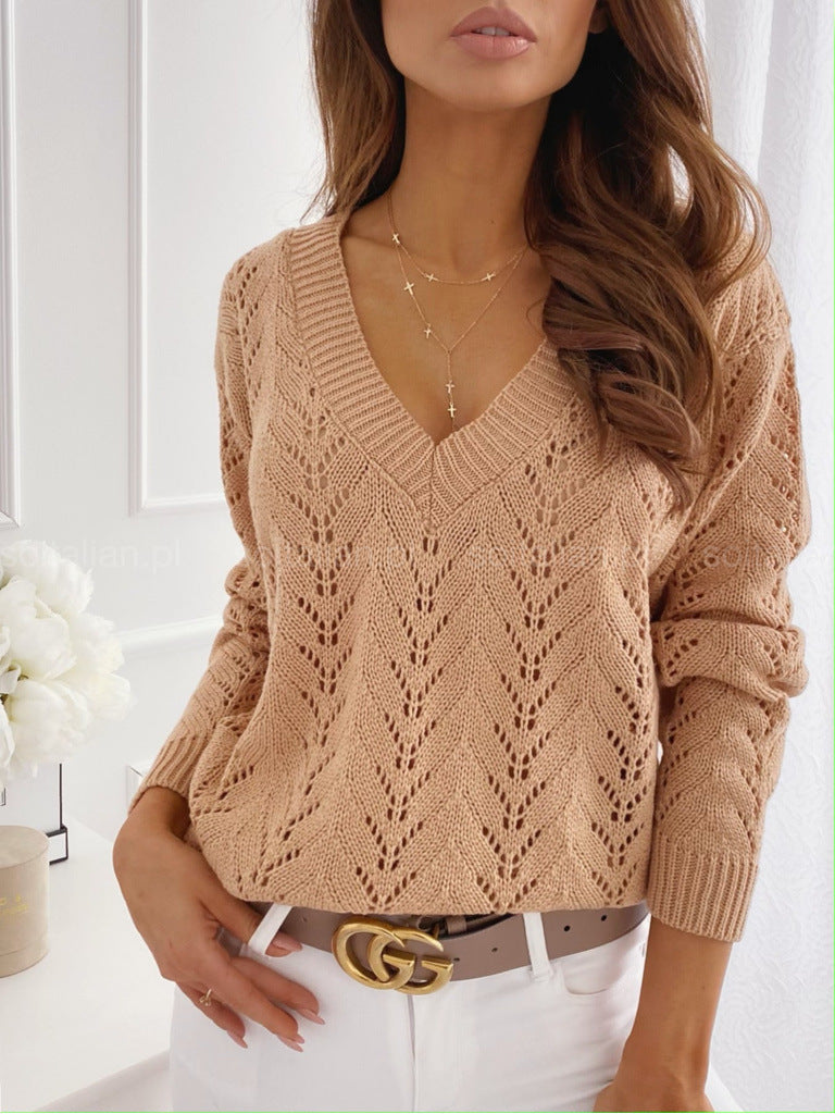 IvyShape | Mocha Hollow V-Neck Knitted Sweater