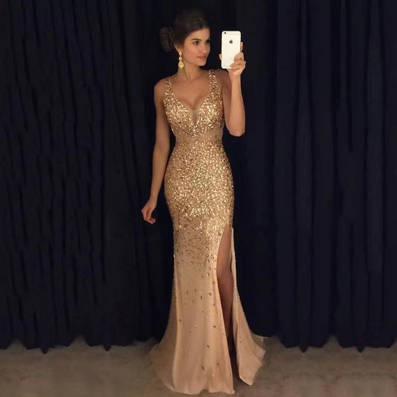 IvyShape | Slit Gold Foil Long Evening Gown Dress