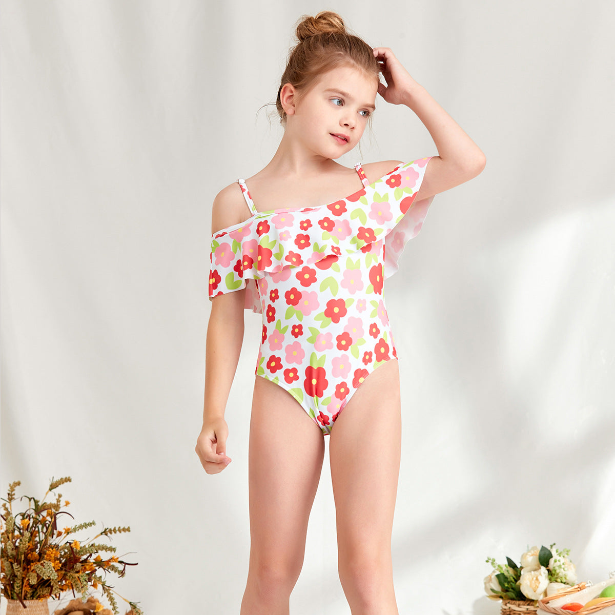 Women's One-Piece Swimsuit with Off-Shoulder Design and Floral Ruffle Elements Ivyshape