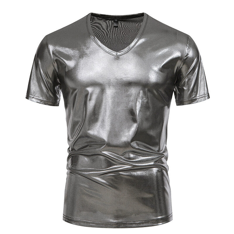 Men's V-neck T-shirt made of shiny material with personal style Ivyshape