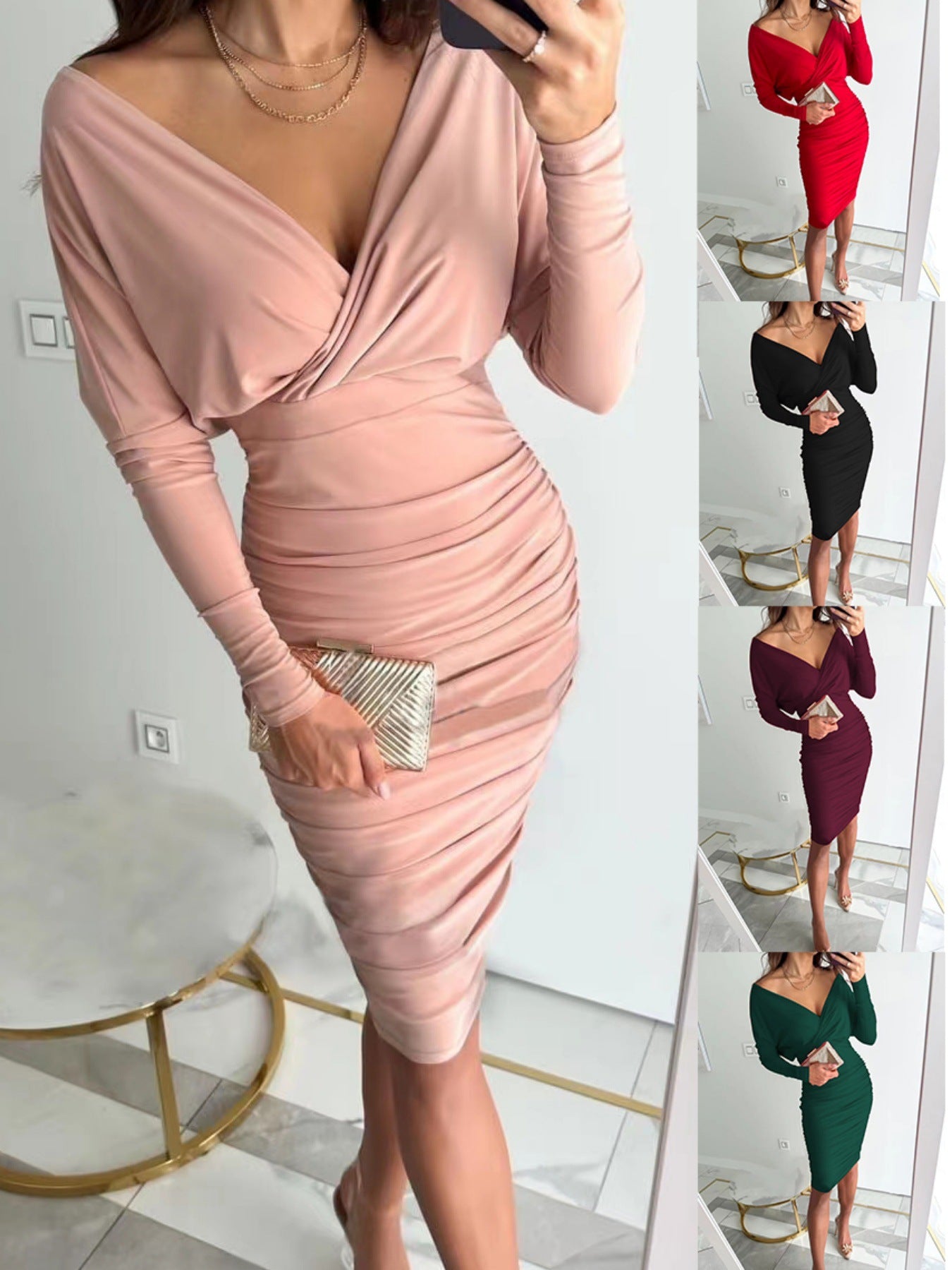 Women's fitted dress with draping and elegant V-neck Ivyshape