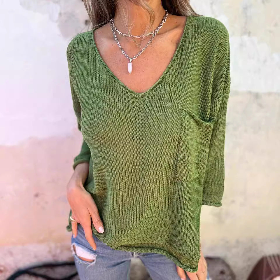 Ladies Lightweight and Casual Knit Top with V-Neck and Pockets Ivyshape