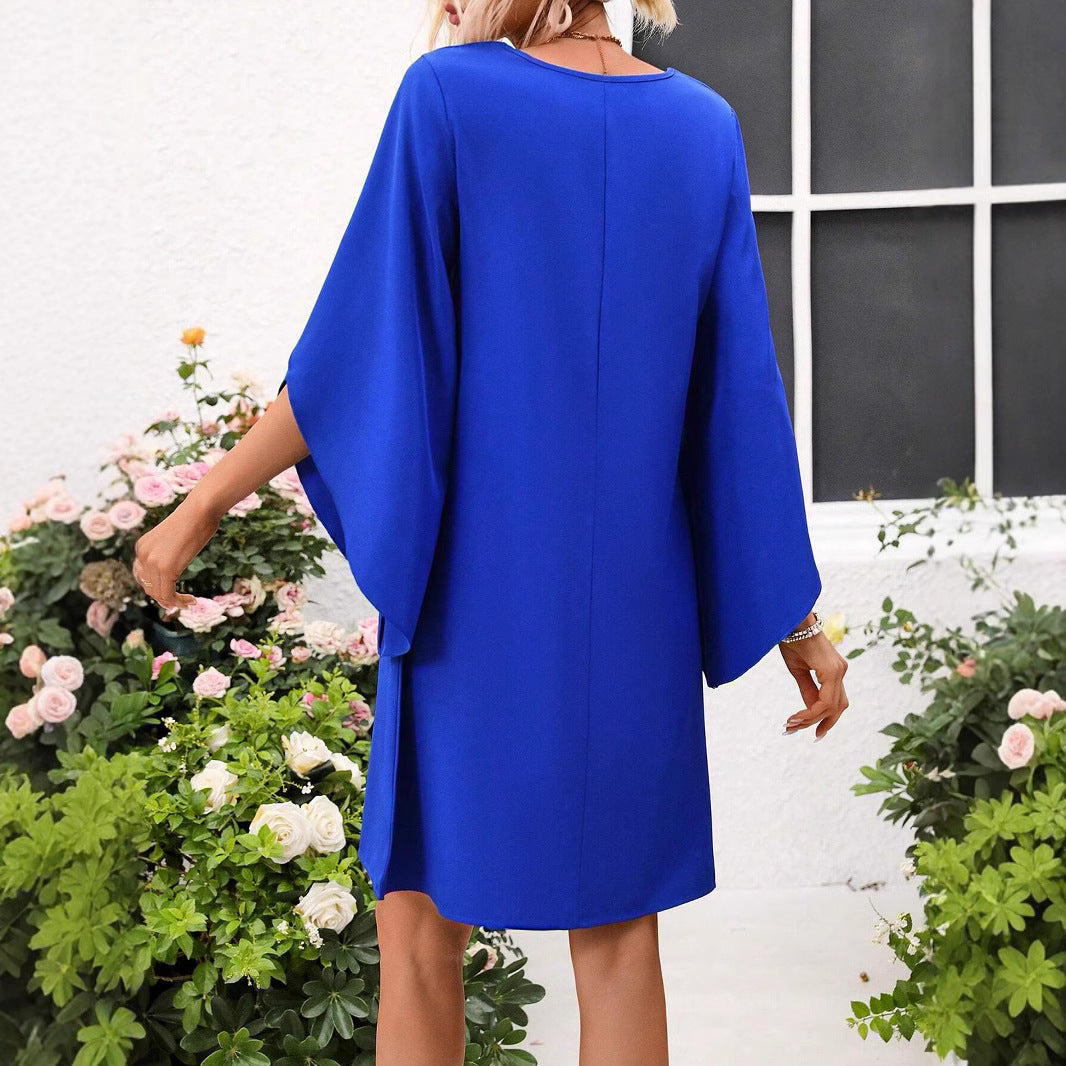 IvyShape | Woven Cape Sleeve Euro-American Round Neck Dress