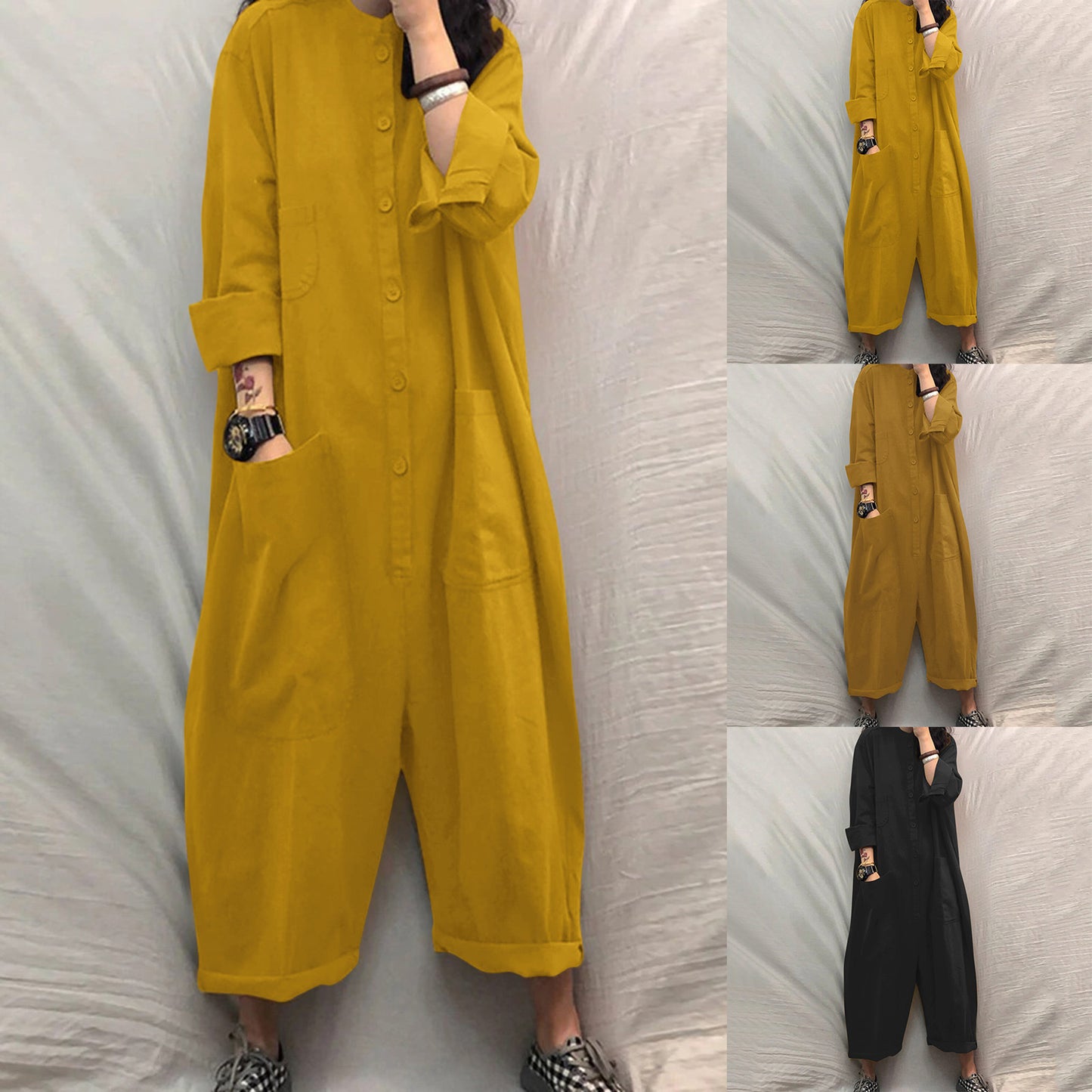 Women's Casual Jumpsuit with Oversized Pockets and Button Closure Ivyshape