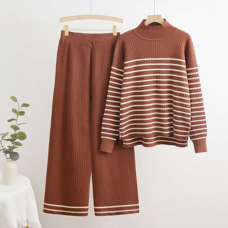 IvyShape | Patterned High Collar Sweater and Wide Leg Pants Set