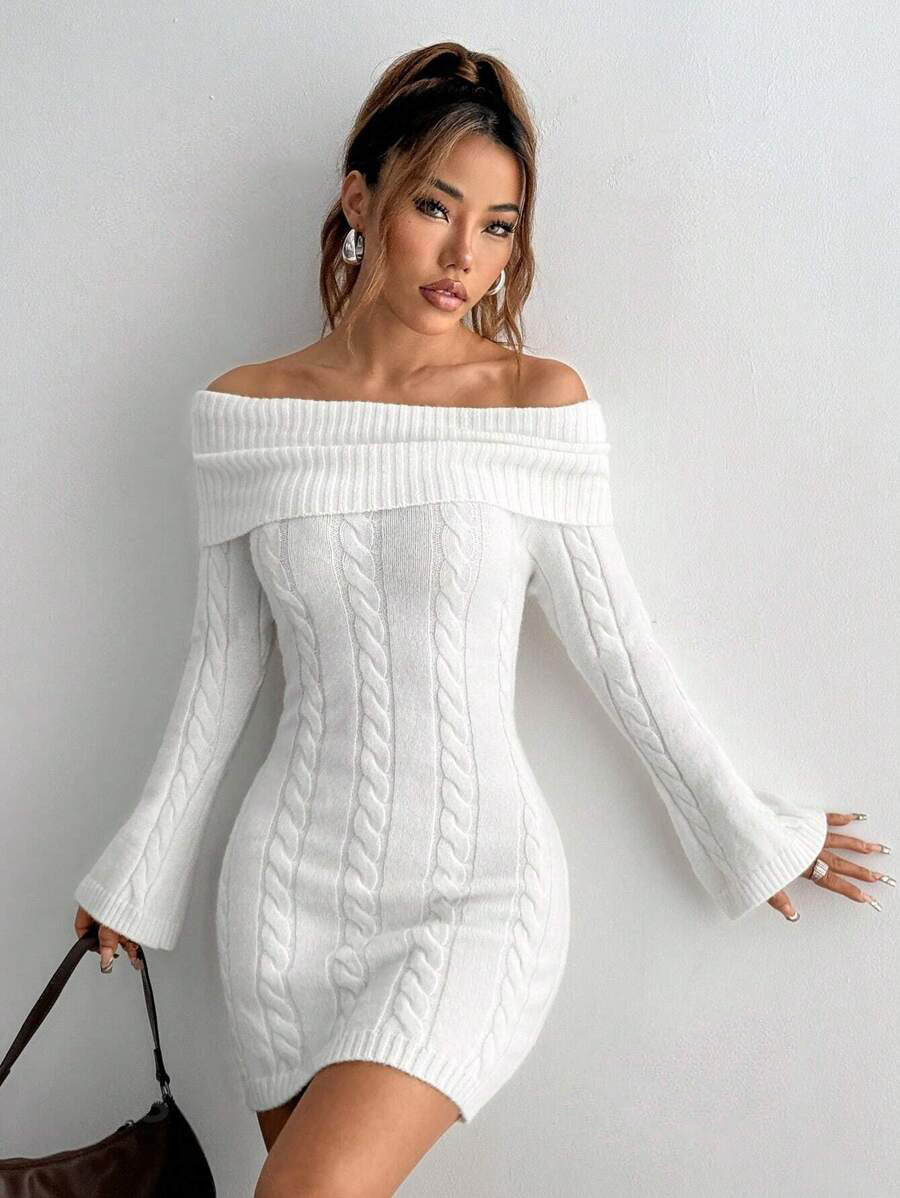 Women figure-hugging knitted dress with wide neckline Ivyshape