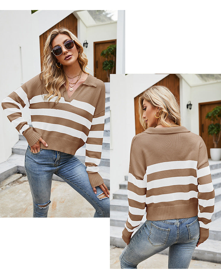 IvyShape | Striped Long Sleeve Polo Knitted Top