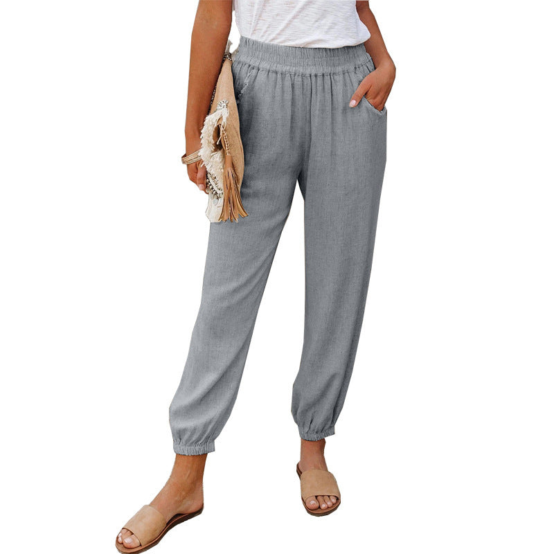 Women's casual linen pants with elastic waistband and drawstring Ivyshape