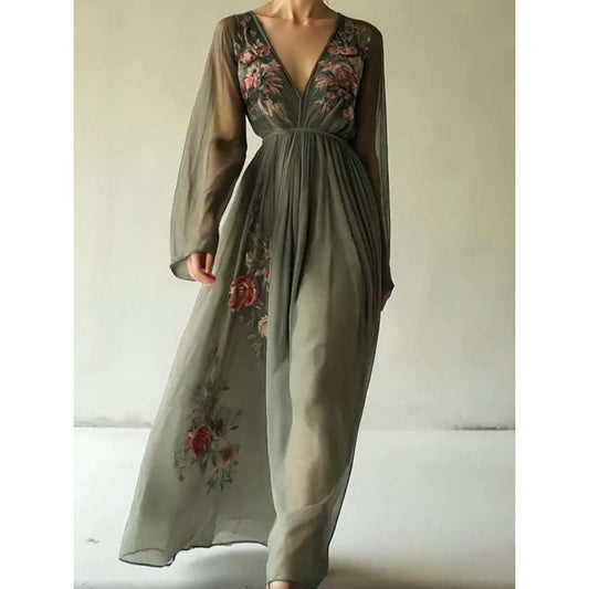 Women Embroidered Chiffon Maxi Dress Ivyshape