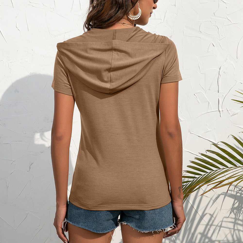 Women's Short Sleeve Hoodie Top with Practical Pockets and Zipper Ivyshape