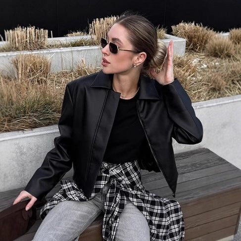 Women Faux Leather Jacket with Simple Cut and Decorative Collar Ivyshape