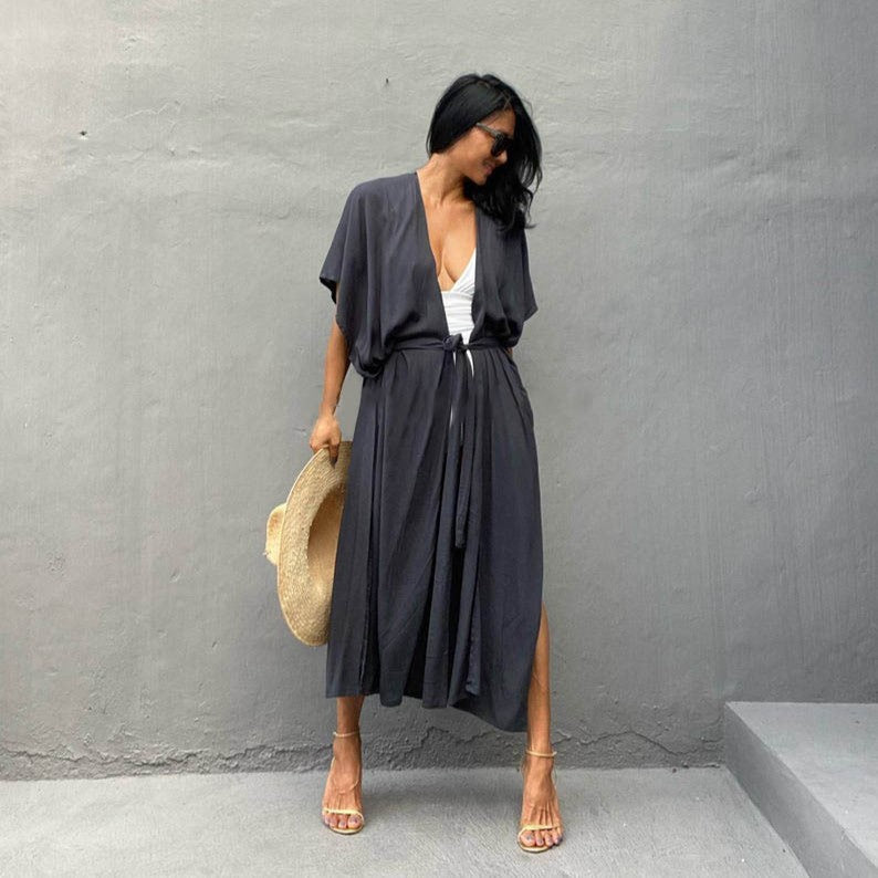 Ladies Stylish Beach Cover-Up with Deep V-Neck and Side Slits Ivyshape