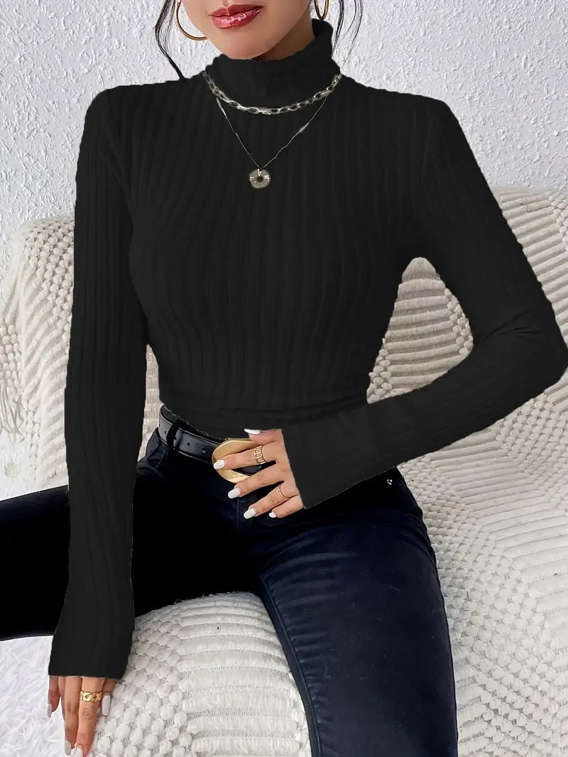 Women's Long Sleeve Turtleneck Sweater in Fine Rib Knit Ivyshape