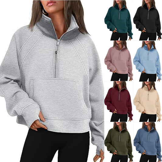 Women Sporty Sweater with High Collar and Zipper Ivyshape
