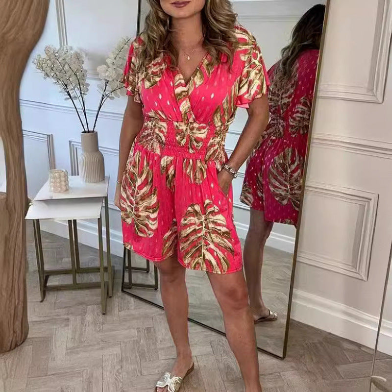 Ladies Tropical Print Wrap Jumpsuit Ivyshape