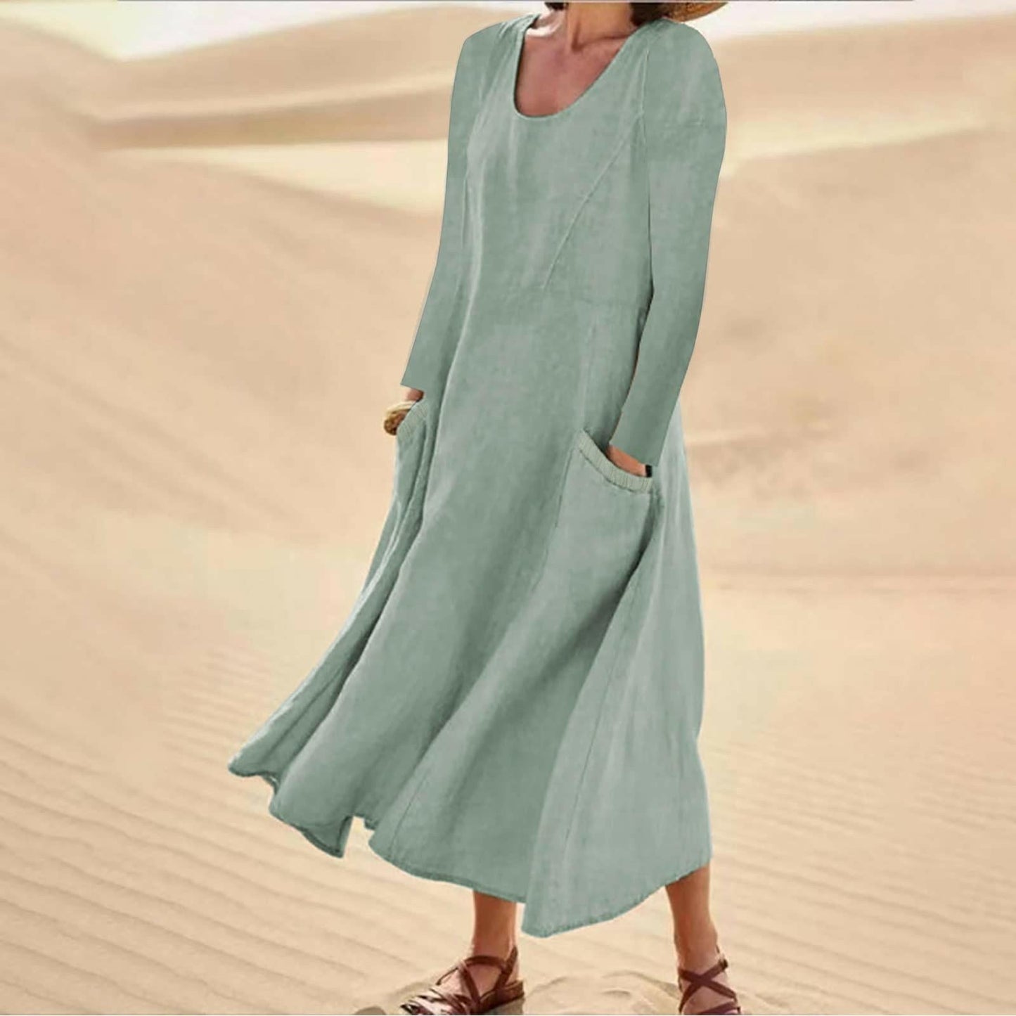 Ivyshape | Solid Color Dress with Long Sleeves and Round Neckline