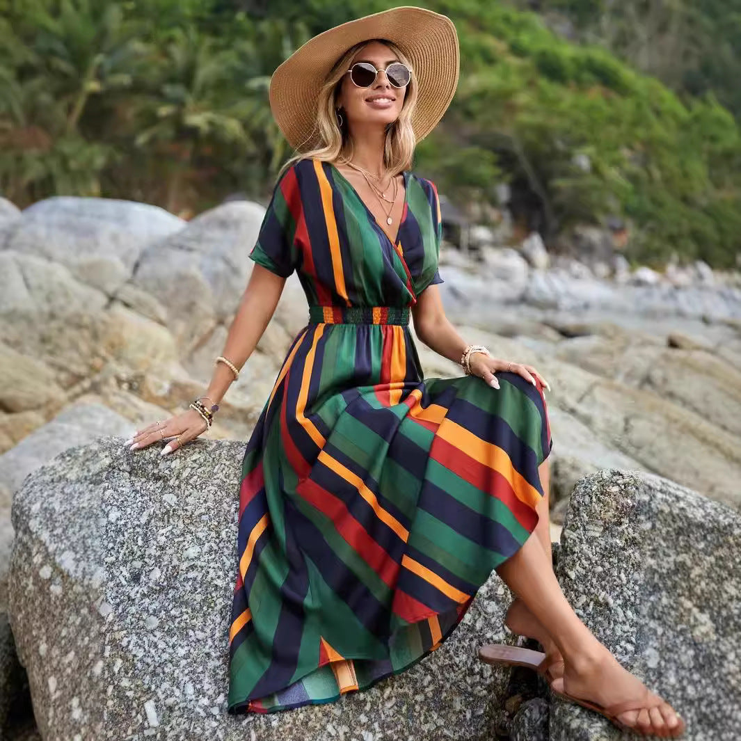 IvyShape | Striped Elastic Waist Seaside Beach Dress