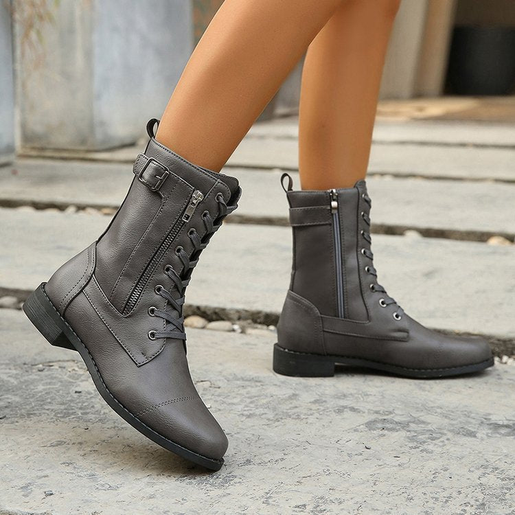 Ladies fashionable leather boots with side zipper and lacing Ivyshape