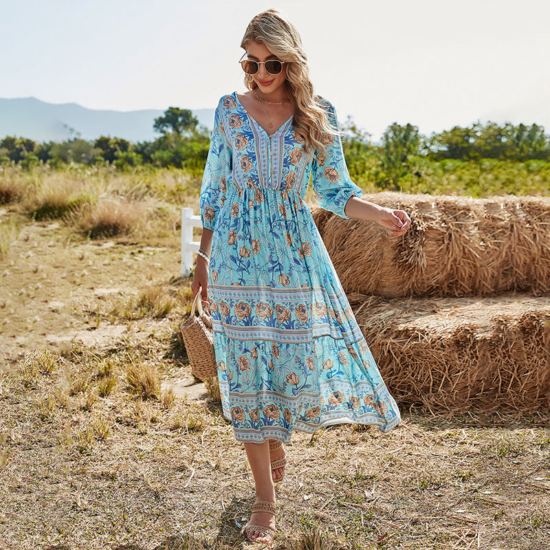 V-neck high-waisted bohemian dress mid-length a-line dress