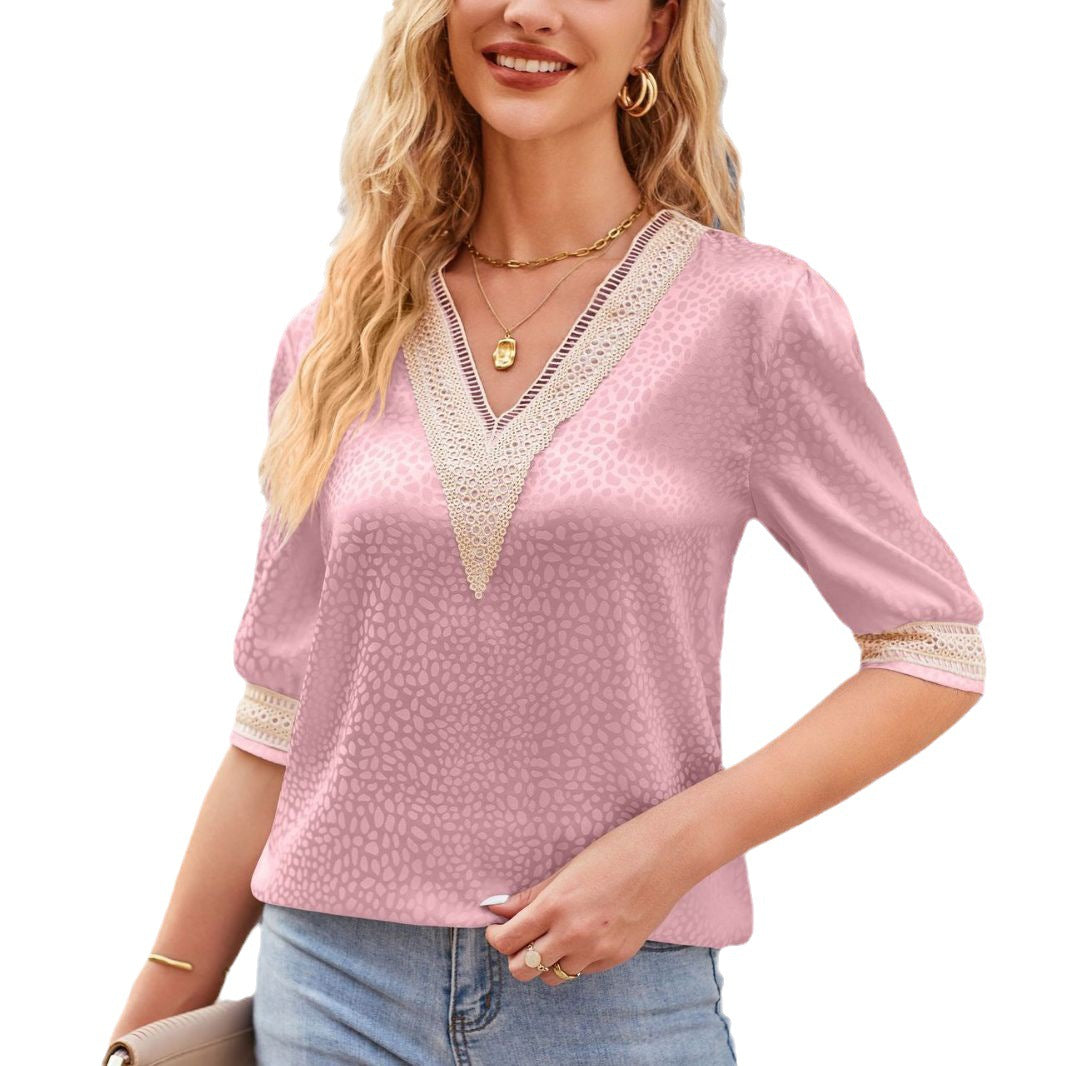 IvyShape | Lace Satin Medium Sleeve V-Neck Fashion Shirt Top