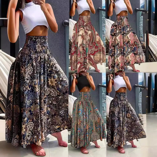 IvyShape | Printed Elastic Waist Large Swing A-Line Skirt