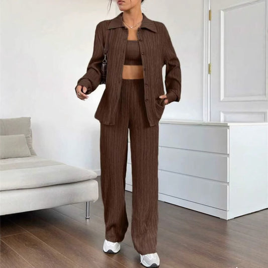 Women Elegant Set of Striped Blouse and Loose Pants Ivyshape