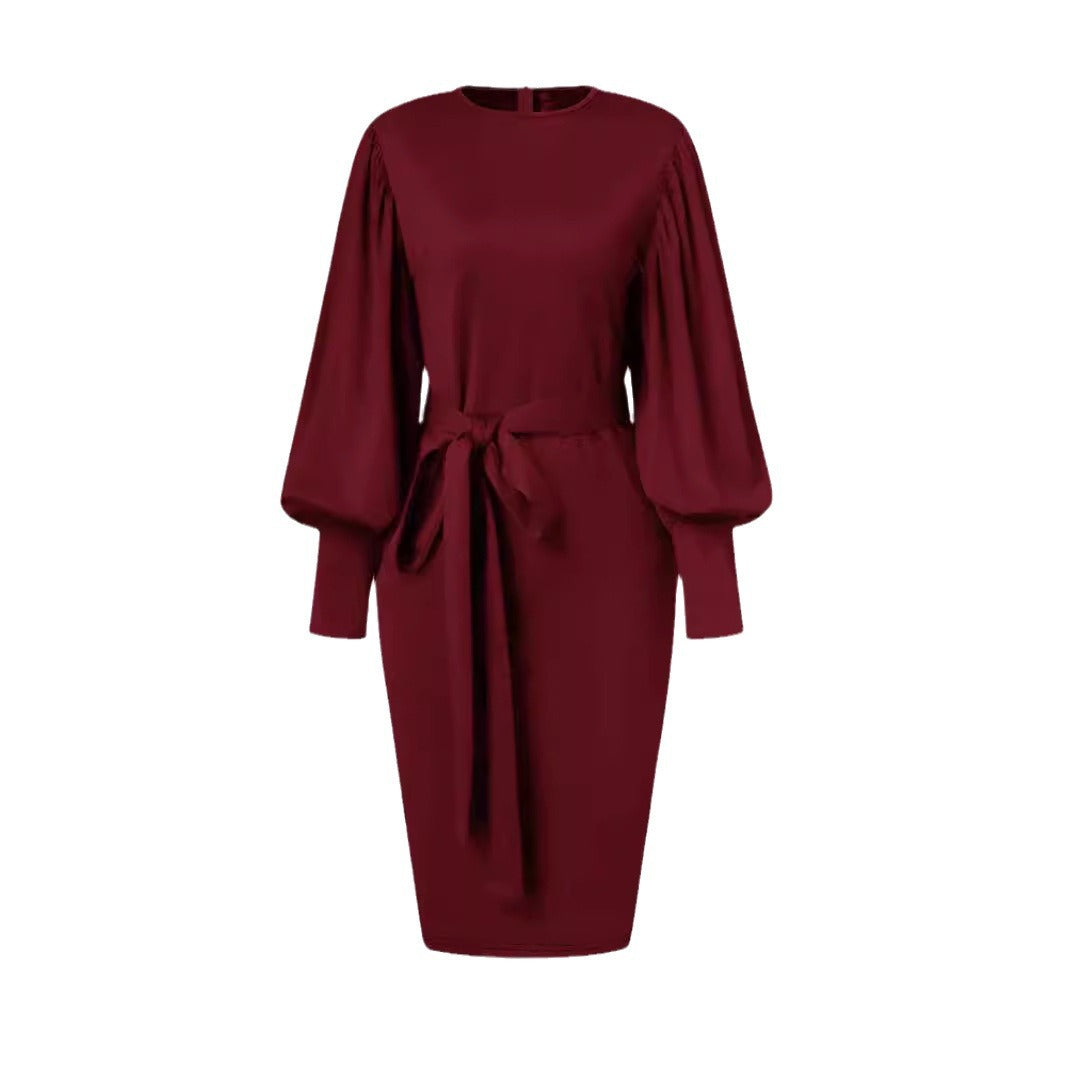 Women's pencil dress with voluminous puff sleeves and a waist belt Ivyshape