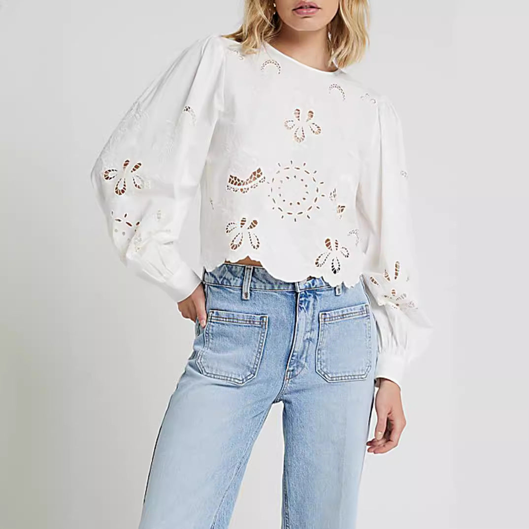 IvyShape | Women's Long Sleeve Lace Embroidery Hollow Elegant Top