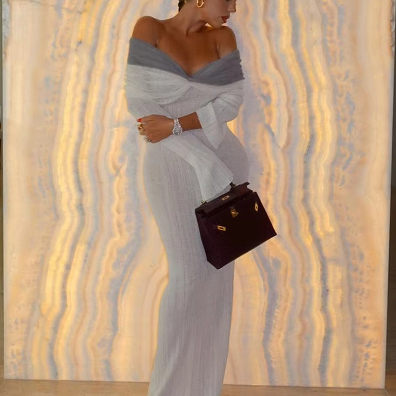 Women Figure-hugging Evening Dress with Off-Shoulder Design and Long Sleeves Ivyshape