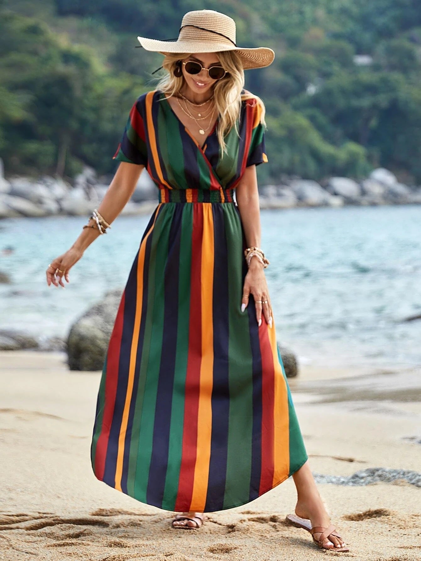 IvyShape | Striped Elastic Waist Seaside Beach Dress