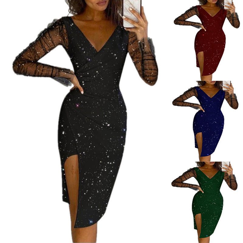 Women Celestial Print Bodycon Midi Dress with Sheer Sleeves Ivyshape