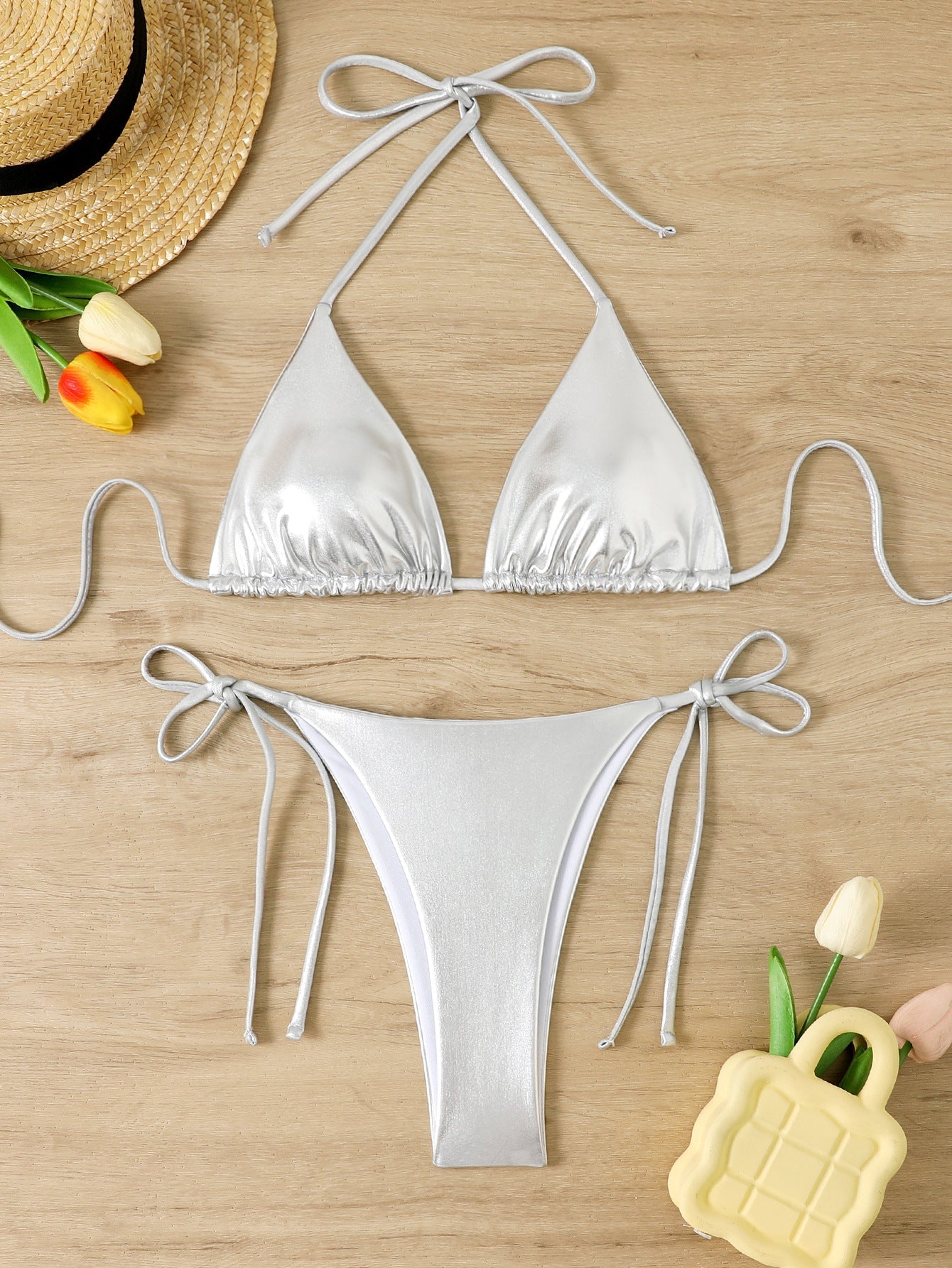 Women's Shiny Triangle Bikini Set with Adjustable Ties Ivyshape