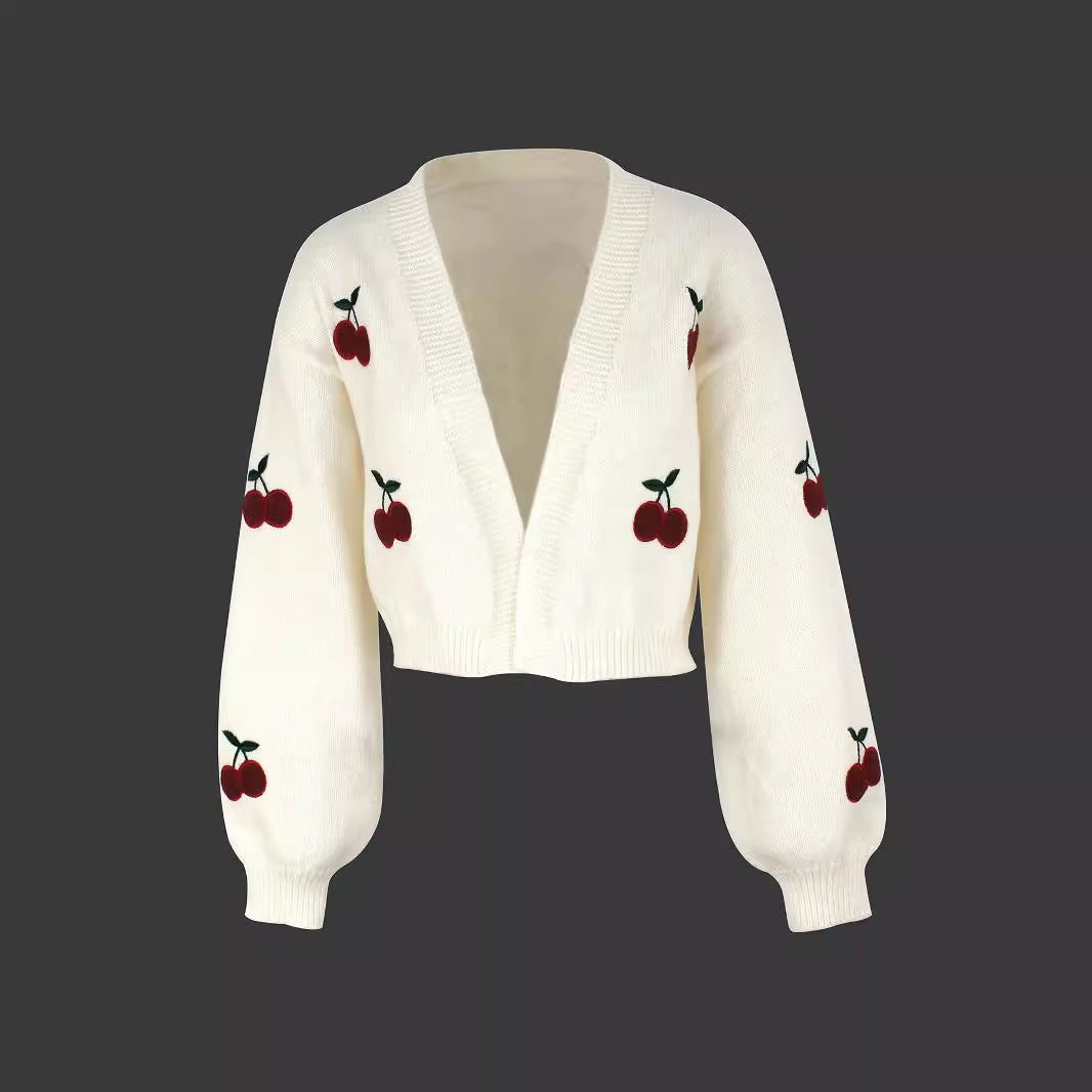 Ladies airy knitted cardigan with sweet cherry embroidery Ivyshape