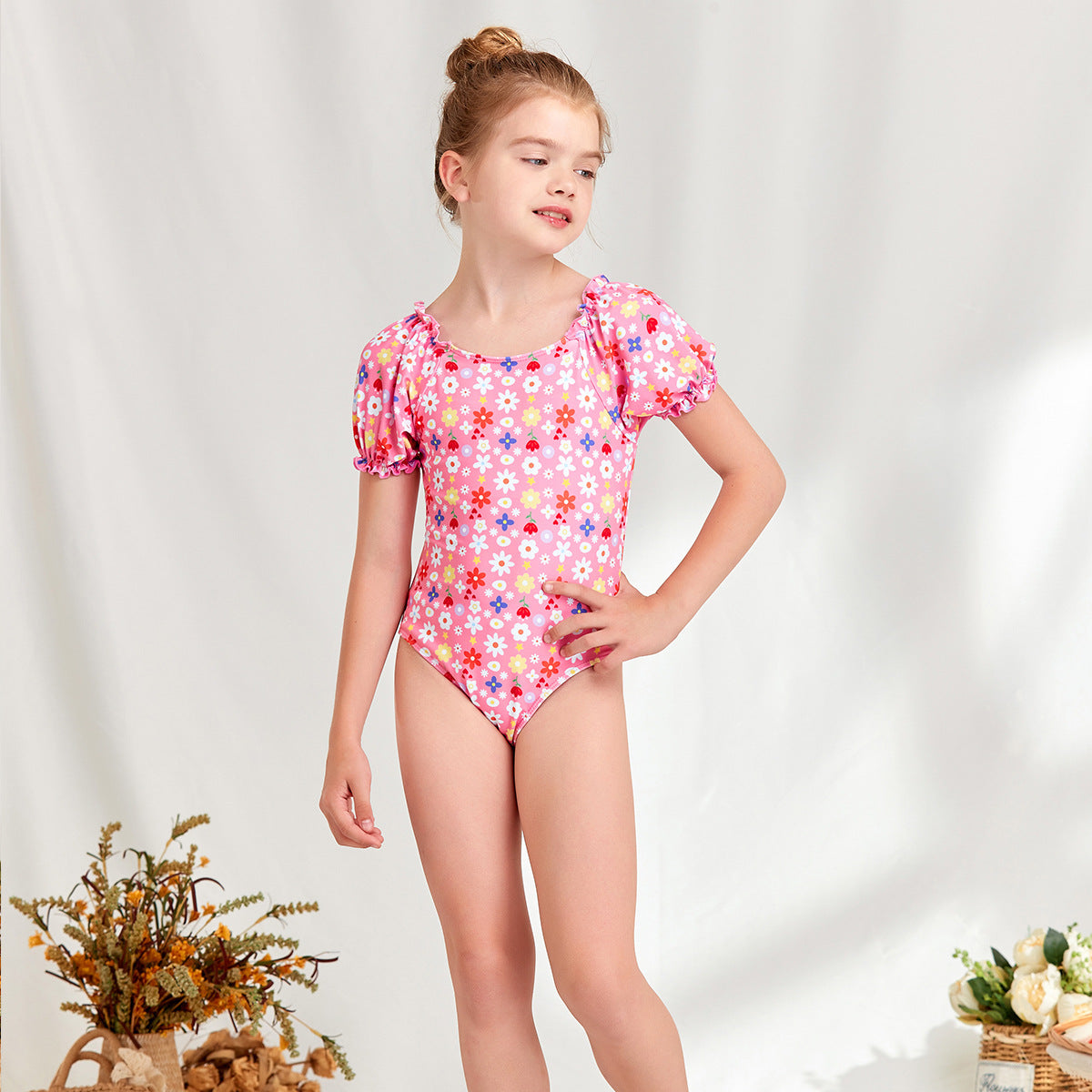 Ladies' one-piece swimsuit with floral puff sleeve design Ivyshape