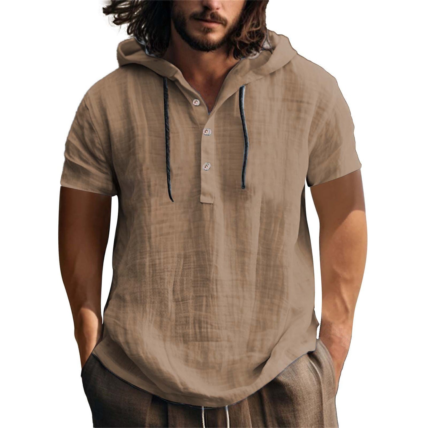 Men's Casual Short Sleeve Hoodie with Placket Ivyshape