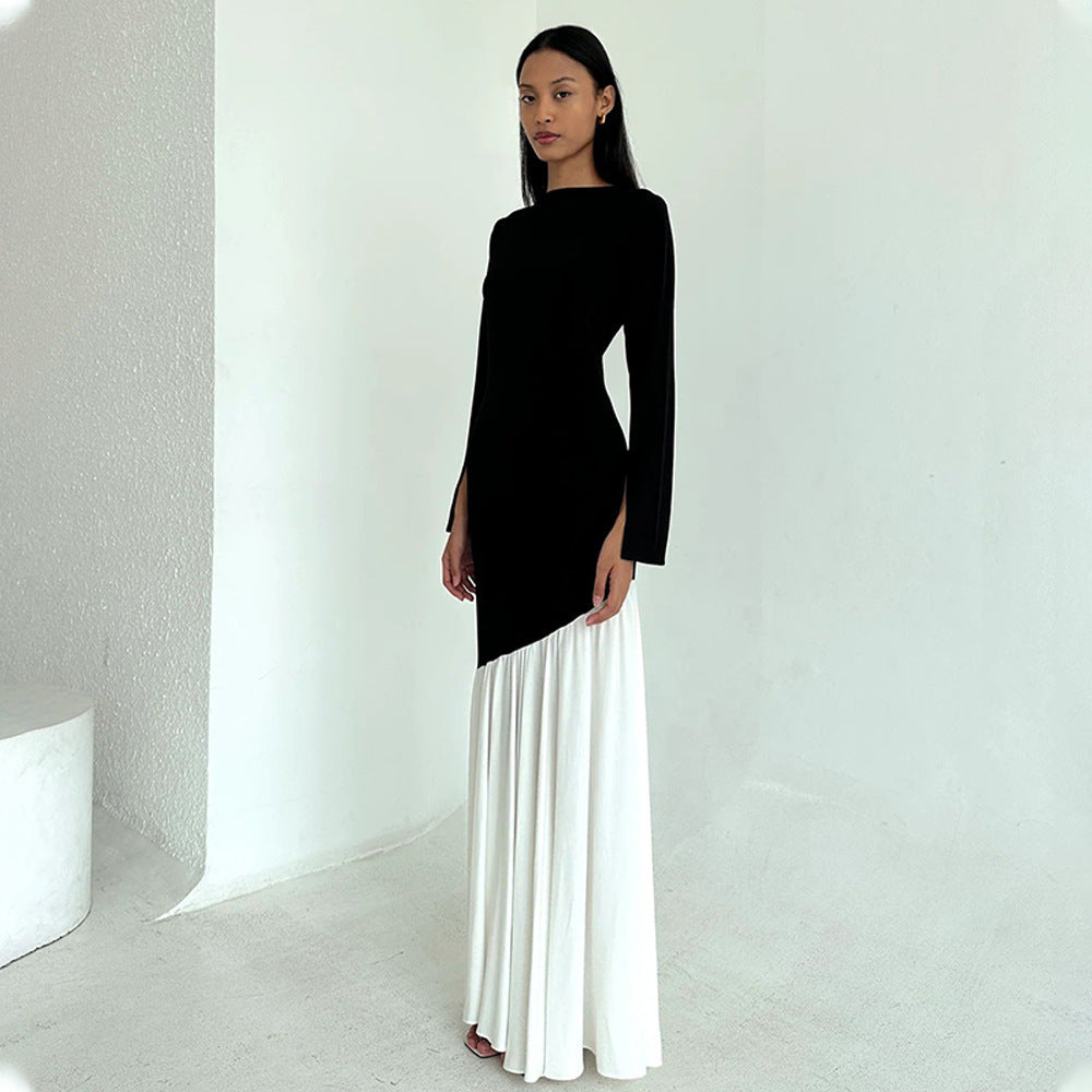 Women elegant, asymmetric maxi dress with long sleeves and color contrasts Ivyshape