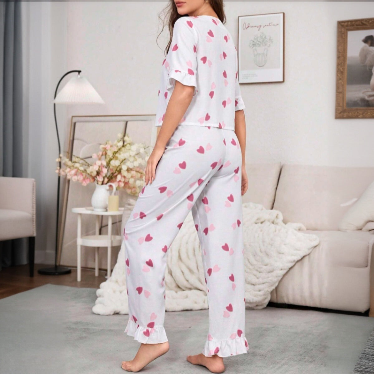 IvyShape | Heart Print Tie Band Long Pants Pajamas