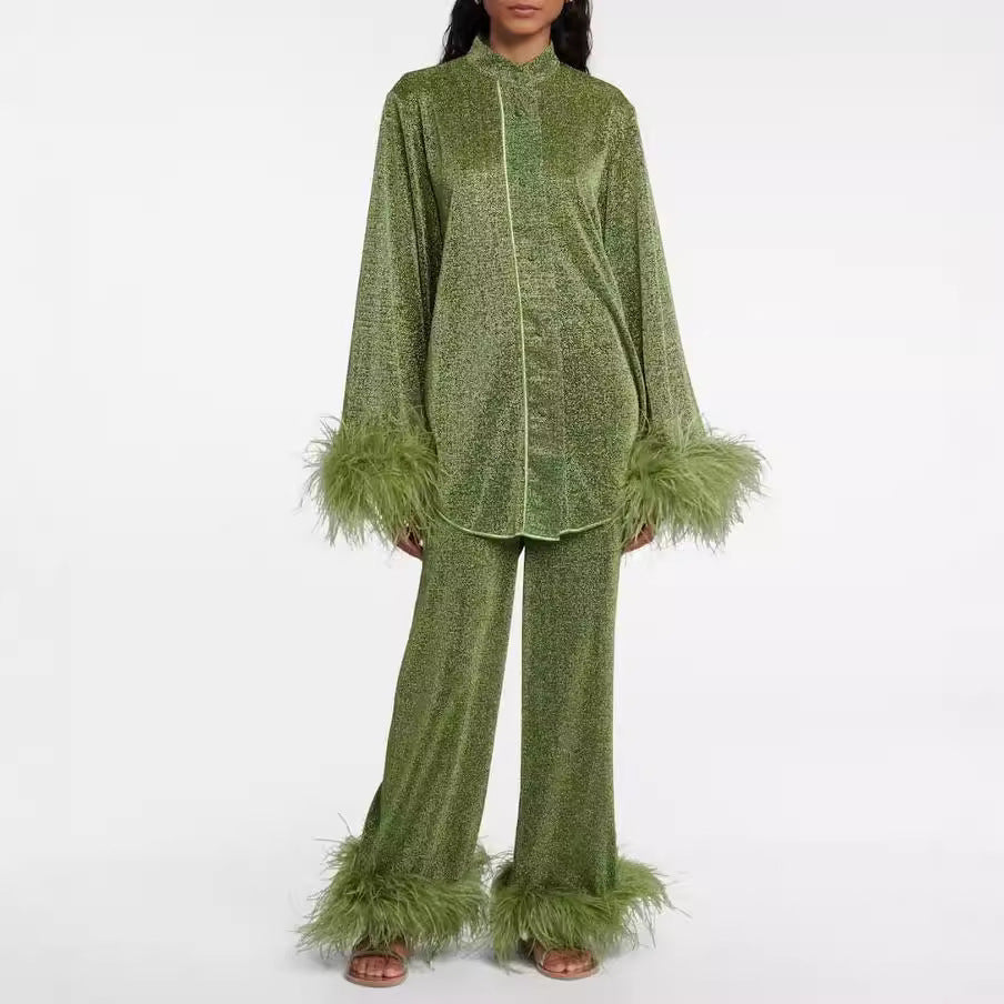 Ivyshape | Autumn Winter Feather Stand Collar Long Sleeve Top And Pants Set