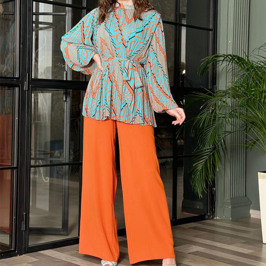 IvyShape | Ruffled Puff Sleeve Shirt Wide Leg Pants Set